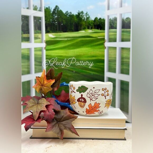Cozy Autumn Leaves & Acorn Mug – Hand-Painted Ceramic Cup with Blue Handle, 16oz - Picture 2 of 10